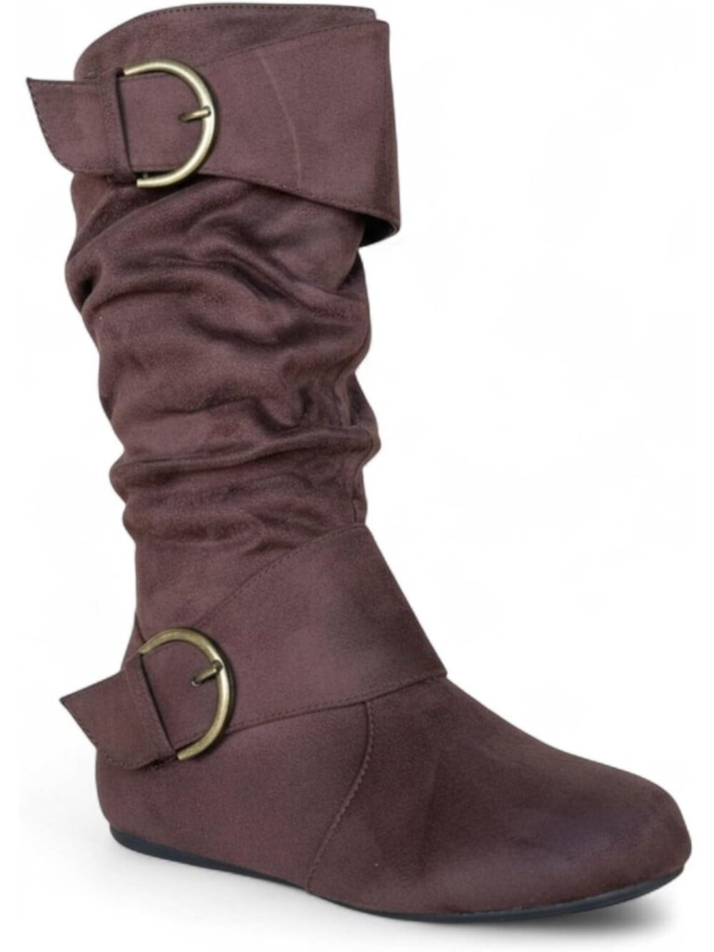 Women's Brown Comfortable Round Toe Buckle Side Zip  Mid-Calf Low Heel Boots